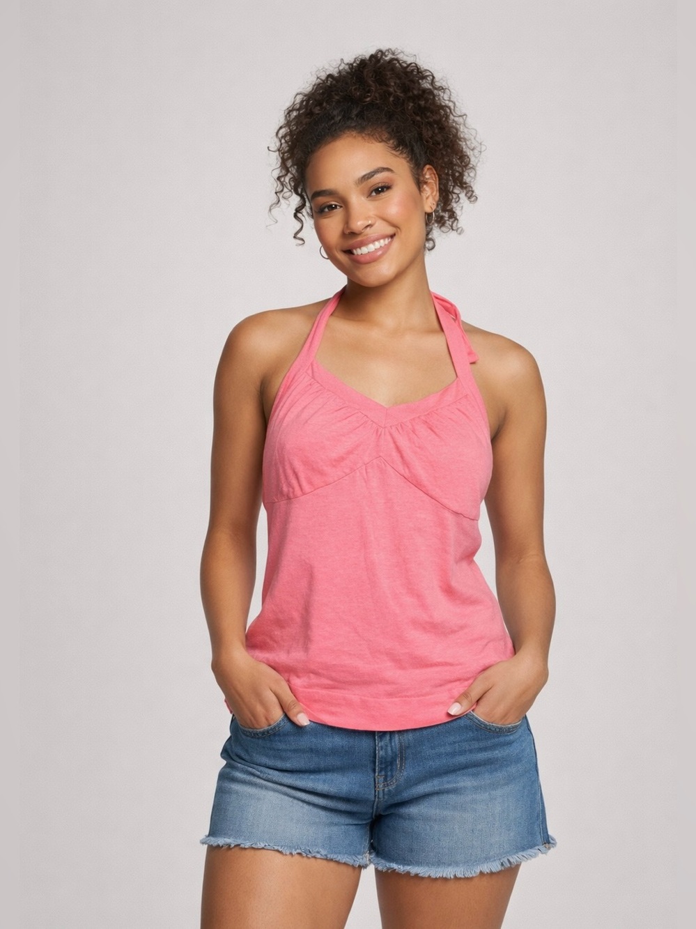 No Boundaries Bright Pink Tie Neck Halter Top (L)